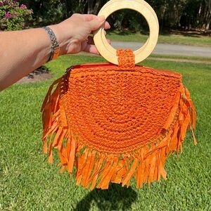 Orange BOGNAR BLU straw raffia fringe bag w/round wooden handles, Made in Italy